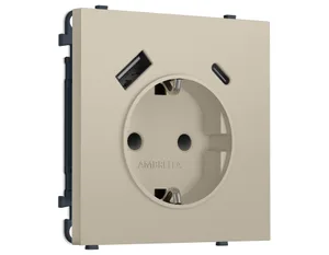MS350010 Комплект механизма электрической розетки SIGMA Кашемир 2USB A+C 20W (быст. зар.) с/з с/ш 16A-250V QUANT PRO (SP3500, PR160)