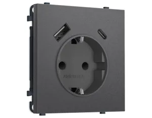 MS660010 Комплект механизма электрической розетки SIGMA Антрацит серый 2USB A+C 20W (быст. зар.) с/з с/ш 16A-250V QUANT PRO (SP6600, PR160)