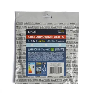 LED лента Uniel ULS-M22-5050-30LED/m-10mm-IP20-DC12V-7,2W/m-5M-6500K PROFI катушка в герметичной упаковке