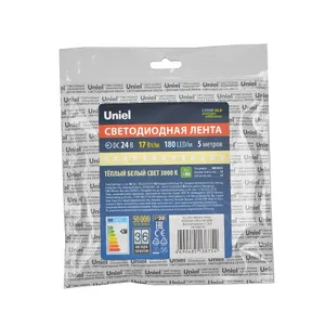 LED лента Uniel ULS-2835-180LED/m-10mm-IP20-DC24V-17W/m-5M-3000K катушка в герметичной упаковке