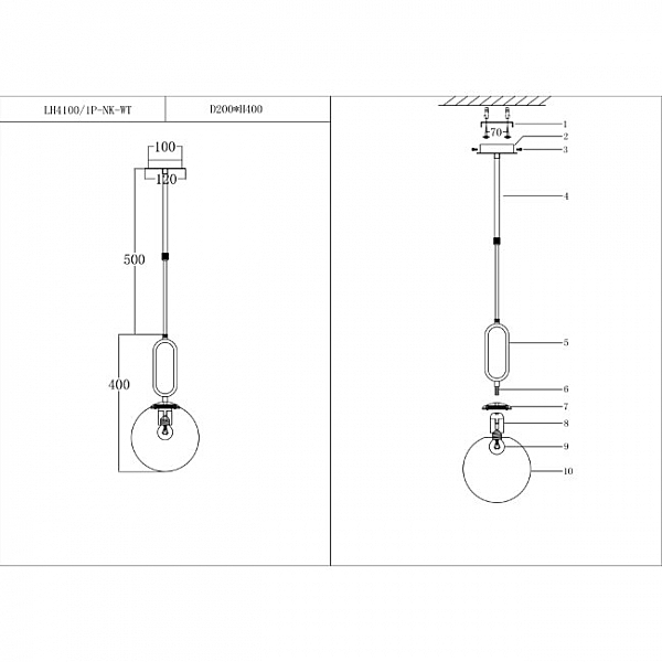 Светильник подвесной Мило LH4100/1P-NK-WT