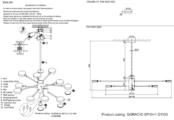Люстра на штанге Goracio GORACIO SP10+1 D1100 CHROME