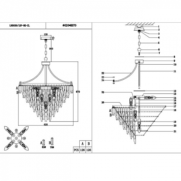 Подвесная люстра Novello LH0039/13P-NK-CL