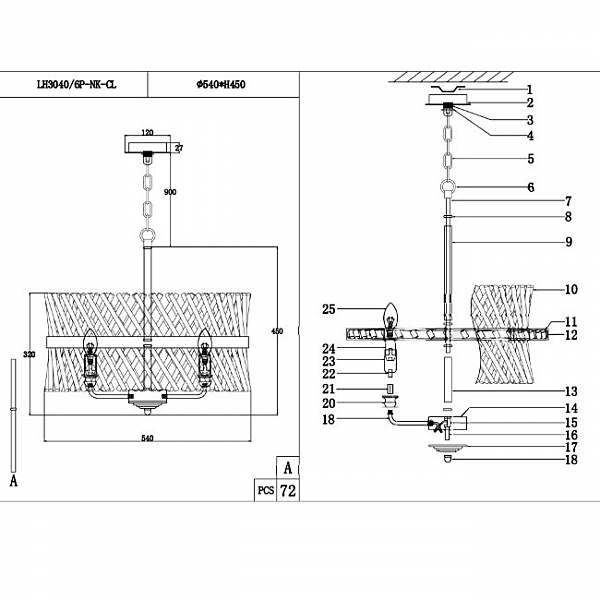 Подвесная люстра Baziano LH3040/6P-NK-CL