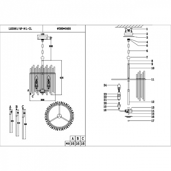 Подвесная люстра Alte LH3061/4P-NL-CL