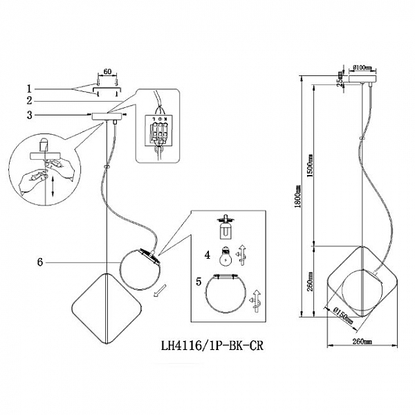 Светильник подвесной Ortezi LH4116/1P-BK-CR