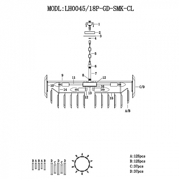 Подвесная люстра Augusta LH0045/18P-GD-SMK-CL