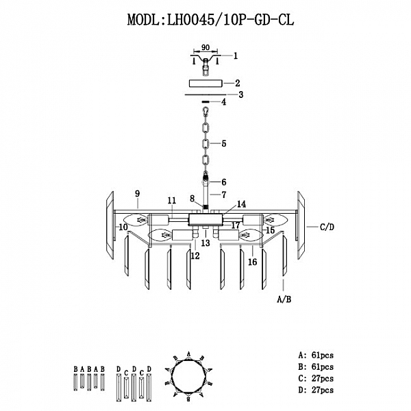 Подвесная люстра Augusta LH0045/10P-GD-CL