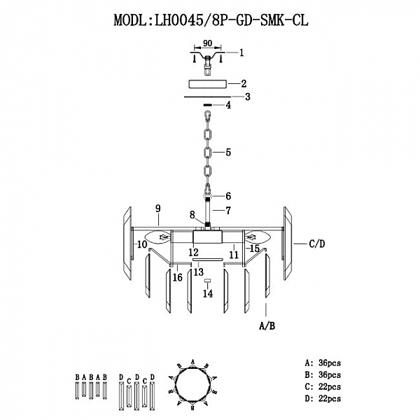 Подвесная люстра Augusta LH0045/8P-GD-SMK-CL
