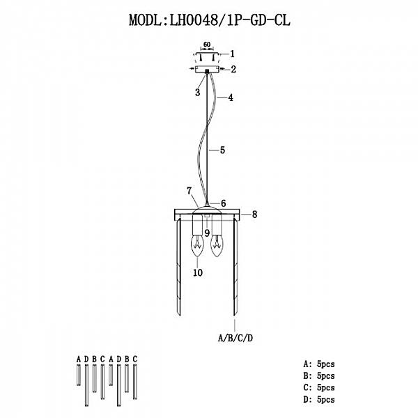 Светильник подвесной Dzhillian LH0048/2P-GD-CL
