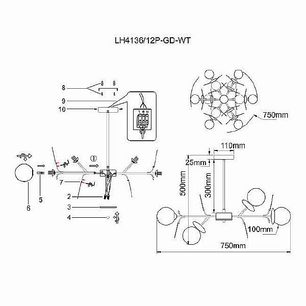 Люстра на штанге Ilmari LH4136/12P-GD-WT