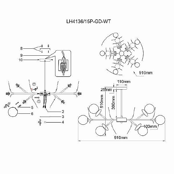 Люстра на штанге Ilmari LH4136/15P-GD-WT