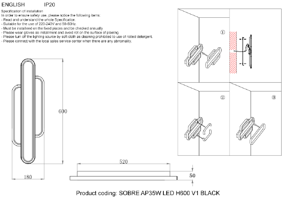 Настенное бра Sobre SOBRE AP35W LED H600 V1 BLACK