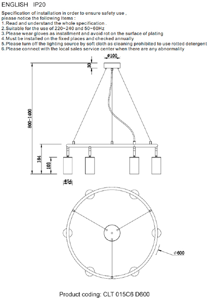 Подвесная люстра Clt 015 CLT 015C6 D600 BL-GO