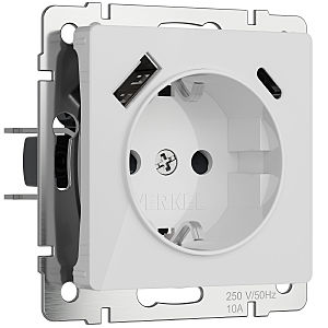 Розетка Werkel W1171741/ Розетка с заземлением, шторками и USB тип A+C (белый акрил)
