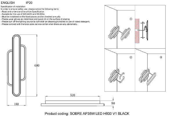 Настенный светильник Sobre SOBRE AP35W LED H600 V1 BLACK