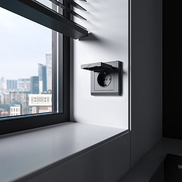 Розетка Встраиваемые механизмы графит матовый W1171264/ Розетка влагозащ. с зазем. с защит. крышкой и шторками N (графит матовый)