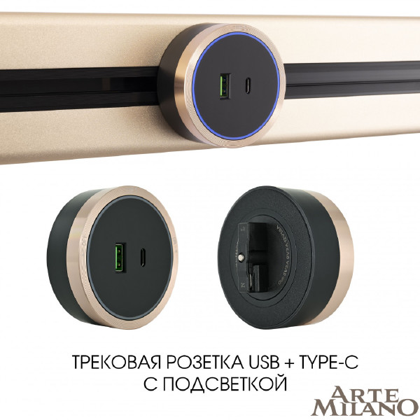 Трековая розетка Am-track-sockets 380066TS LED/USB-Type-C Gold