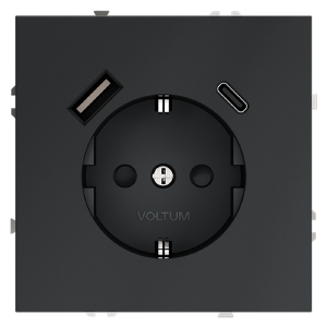 Розетка встраиваемая VOLTUM S70 с заземлением и защитными шторками, 16А, с USB, A+С, (графит)