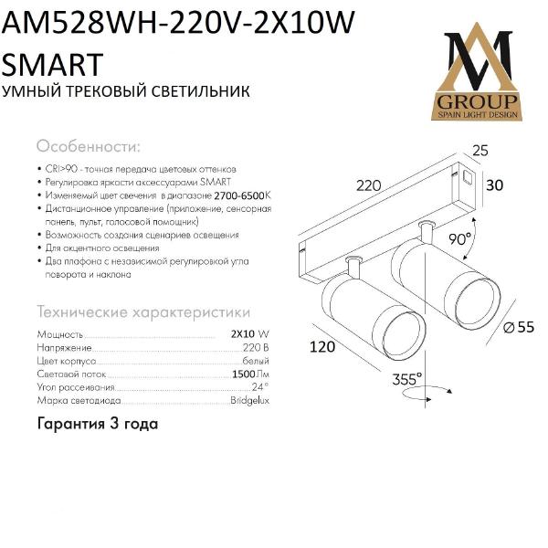 Трековый светильник Smart cylinder AM528 WH-220V-2X10W SMART