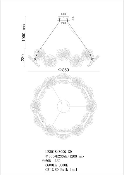 Подвесная люстра LEON Violetta LE3018/800Q GD