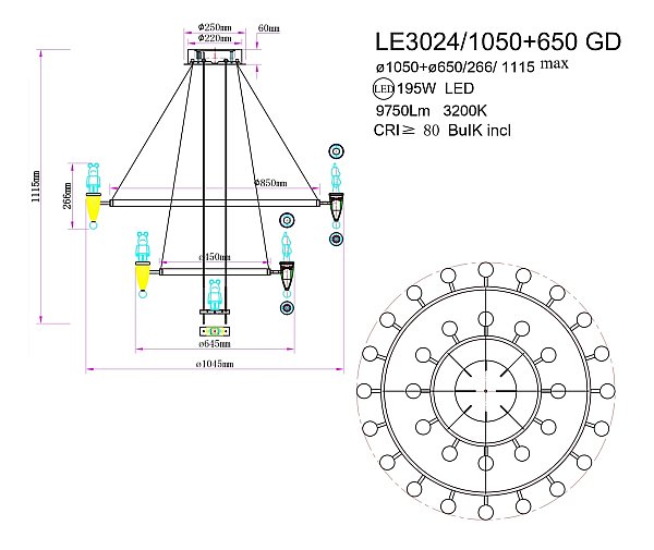 Подвесная люстра LEON Joli LE3024/1050+650 GD