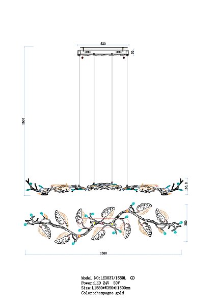 Подвесная люстра LEON Olivia LE3037/1580L GD
